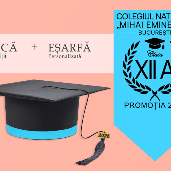 Tocă simplă și eșarfă absolvire personalizată Turcoaz spre albastru + Diplomă Gratis